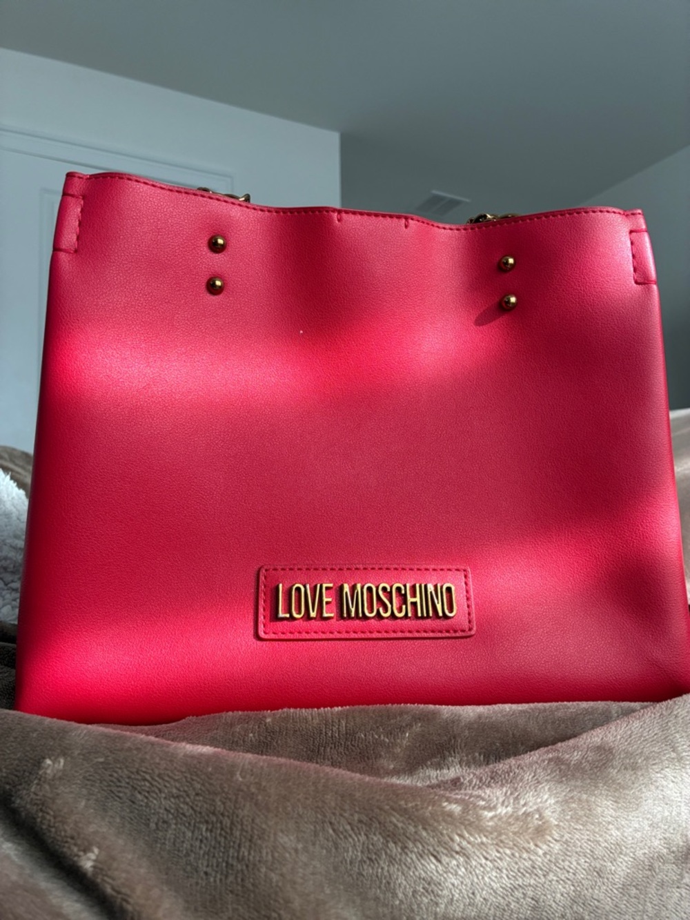 Love Moschino Hot Pink Leather Tote with Gold Logo